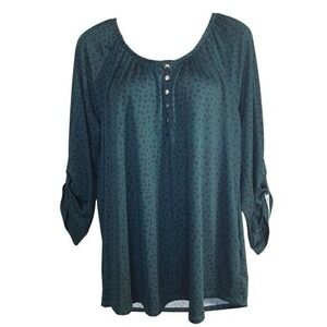 Notations Women's 3/4 Sleeve Blouse Dark Green Black‎ Dots Size XL